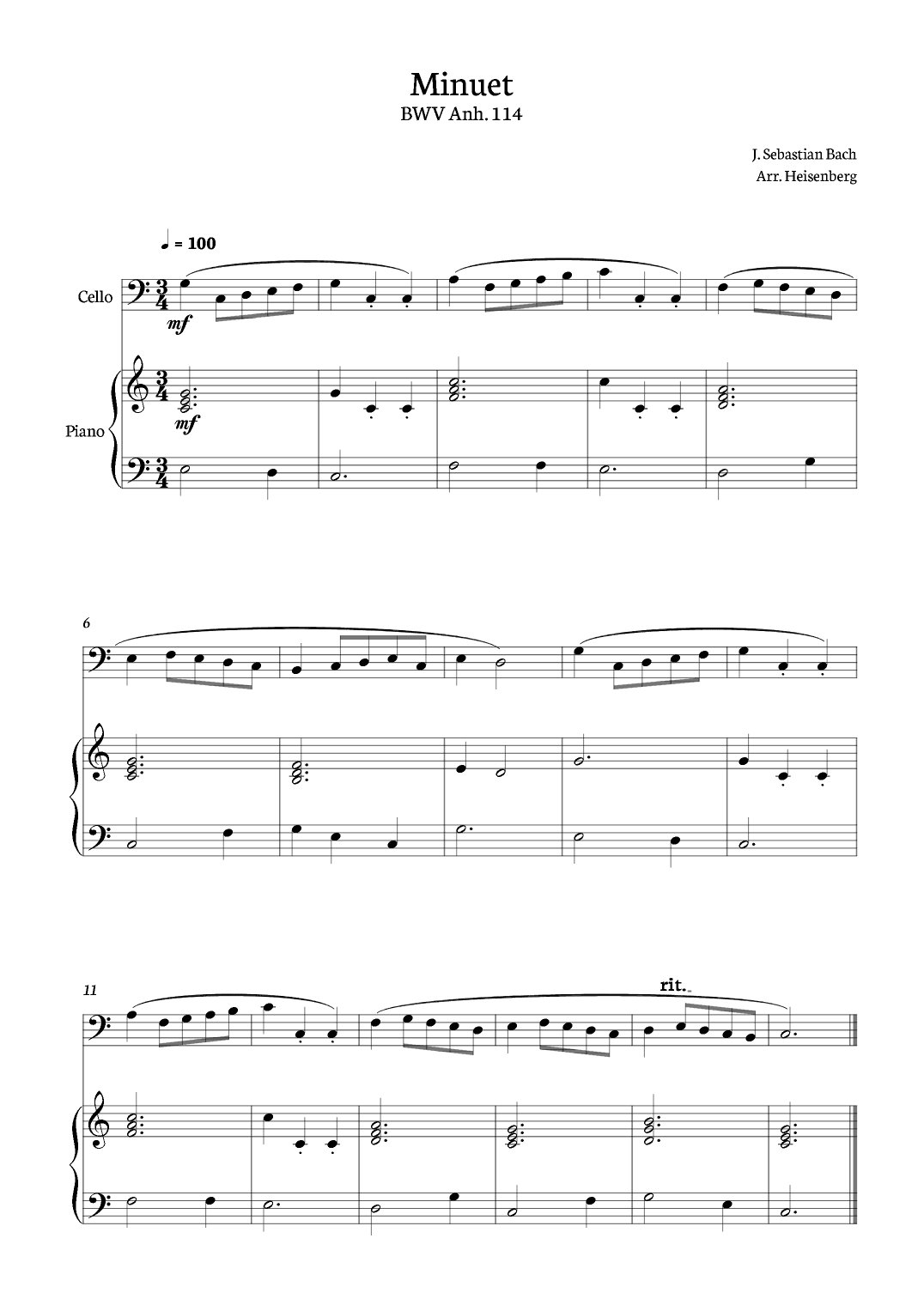 Minuet - Bach for Cello with piano (arr. Heisenberg)