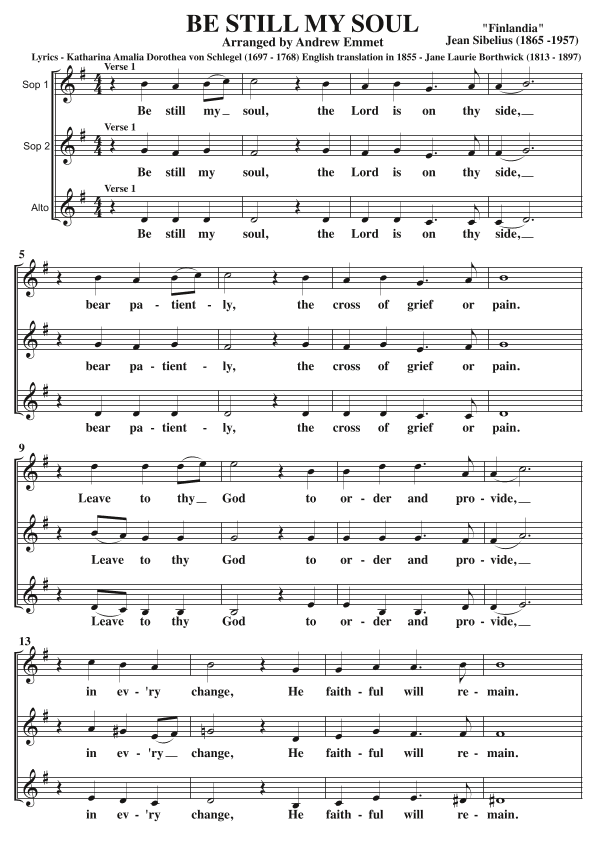 Be Still My Soul A Cappella SSA (arr. Andrew Emmet)