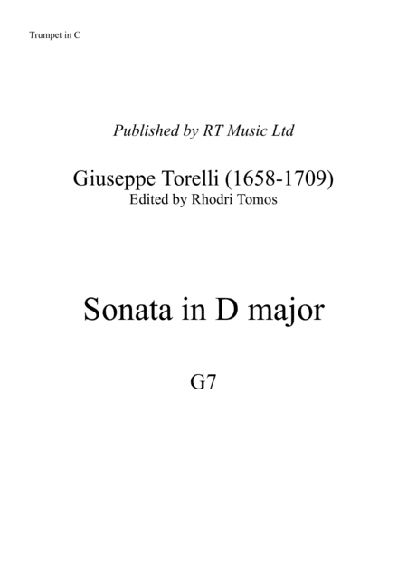 Torelli G7 Sonata in D major. Solo trumpet parts. (arr. Rhodri Tomos)