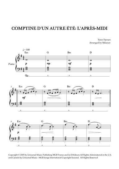 Comptine D'un Autre Été: L'après-midi (arr. Milanov)