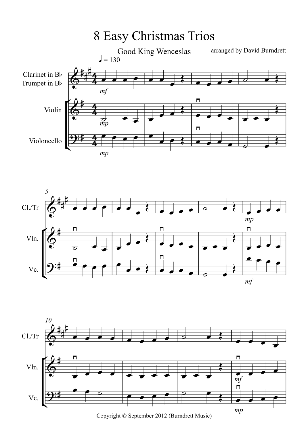 8 Easy Christmas Trios for Clarinet or Trumpet,  Violin and Cello (arr. David Burndrett)