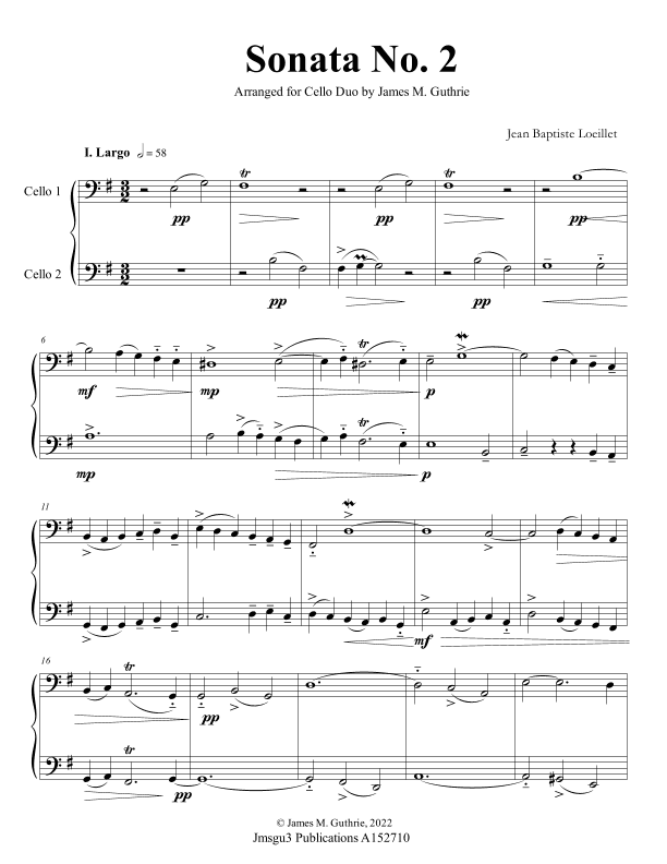 Loeillet: Sonata No. 2 for Cello Duo (arr. James M. Guthrie)