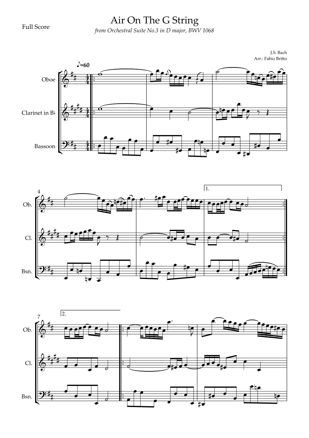 Air On The G String (J.S. Bach) for Woodwind Trio (arr. Fabio Britto)