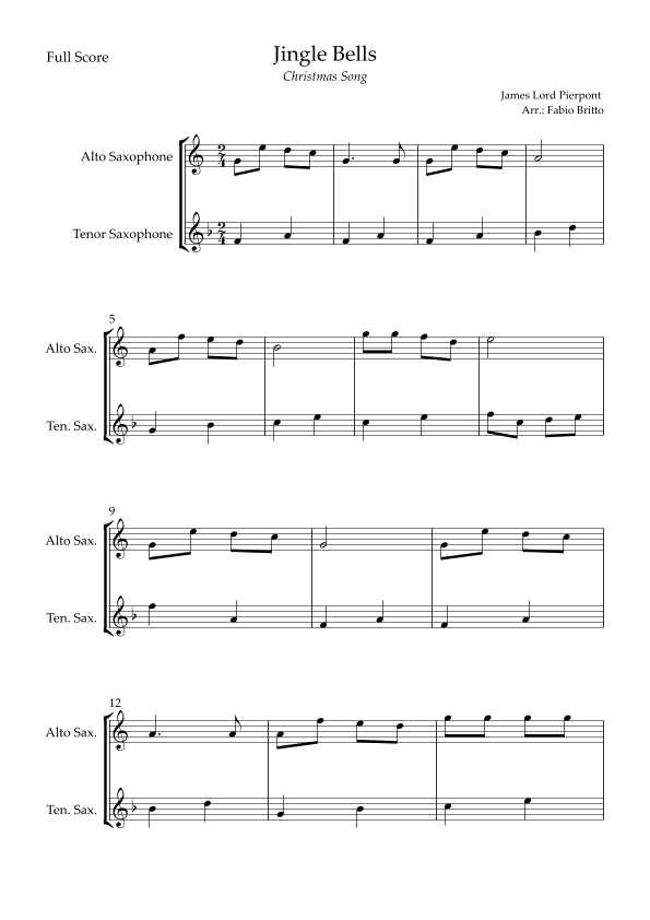 Jingle Bells (Christmas Song) for Alto Saxophone & Tenor Saxophone Duo (arr. Fabio Britto)