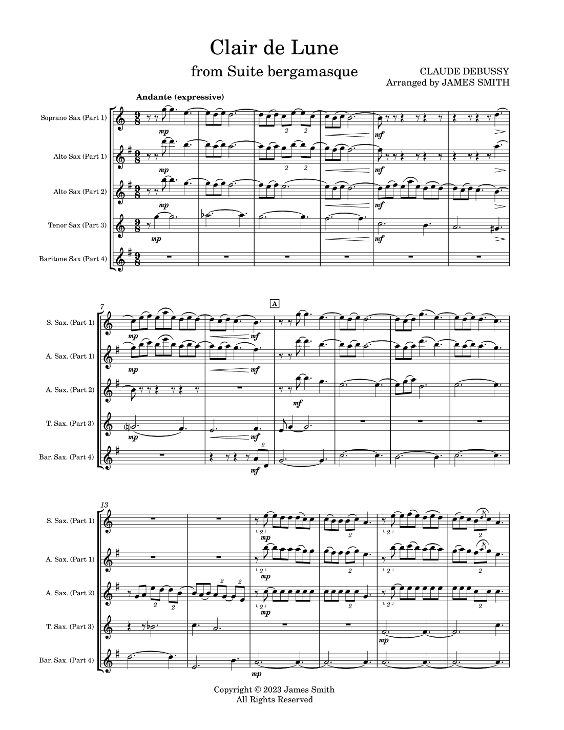 Clair de lune for Saxophone Quartet (arr. James Smith)
