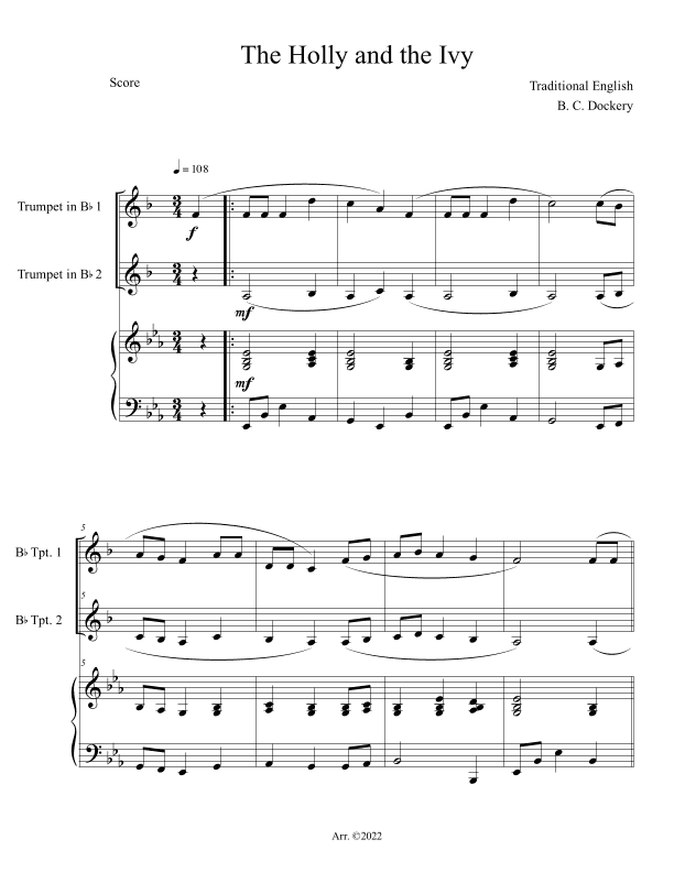 The Holly and the Ivy (Trumpet Duet with Piano Accompaniment) (arr. B. C. Dockery)