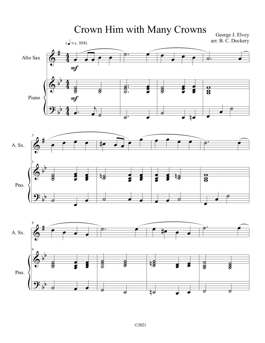 Crown Him with Many Crowns (alto sax solo) with optional piano accompaniment (arr. B. C. Dockery)