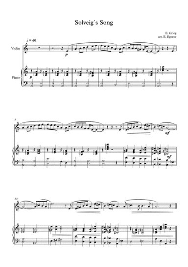Solveig`s Song, Edvard Grieg, For Violin & Piano (arr. Eugene Egorov)