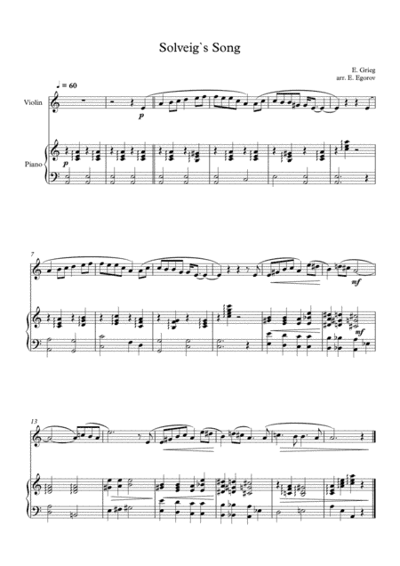 Solveig`s Song, Edvard Grieg, For Violin & Piano (arr. Eugene Egorov)