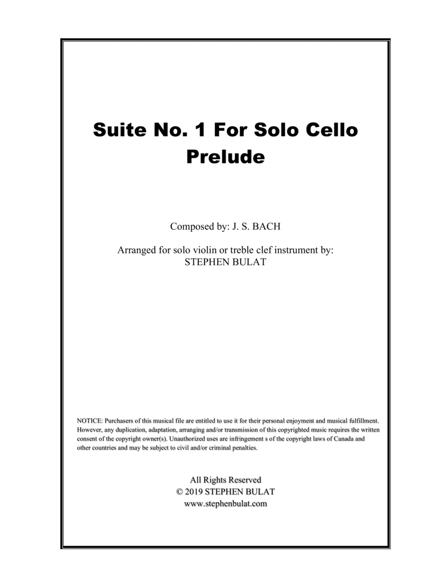 Cello Suite No 1 in G - Prelude (Bach) - arranged for solo violin or treble clef instrument (key of (arr. Stephen Bulat)