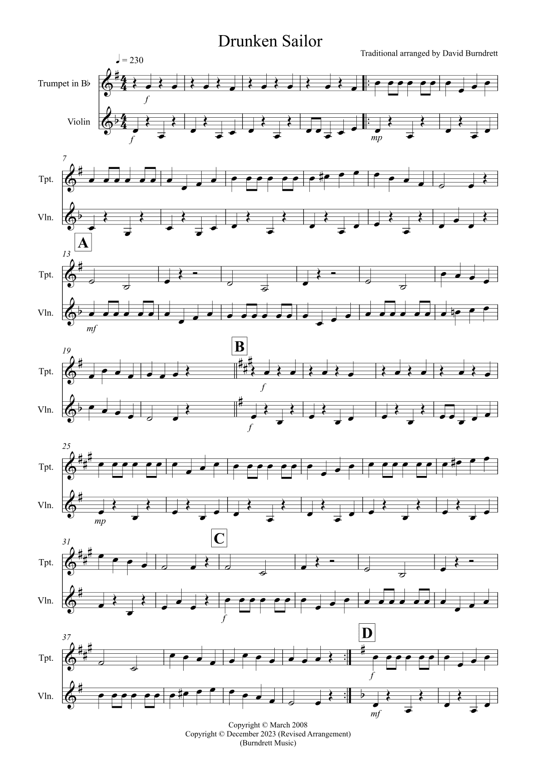 Drunken Sailor for Trumpet and Violin Duet (arr. David Burndrett)