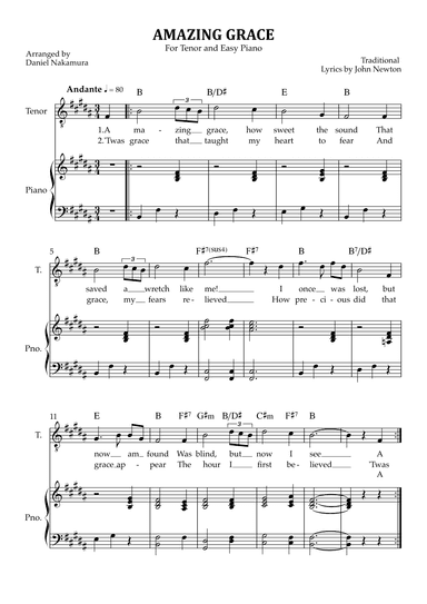 Amazing Grace (for tenor vocal with easy piano) (arr. Daniel Nakamura)