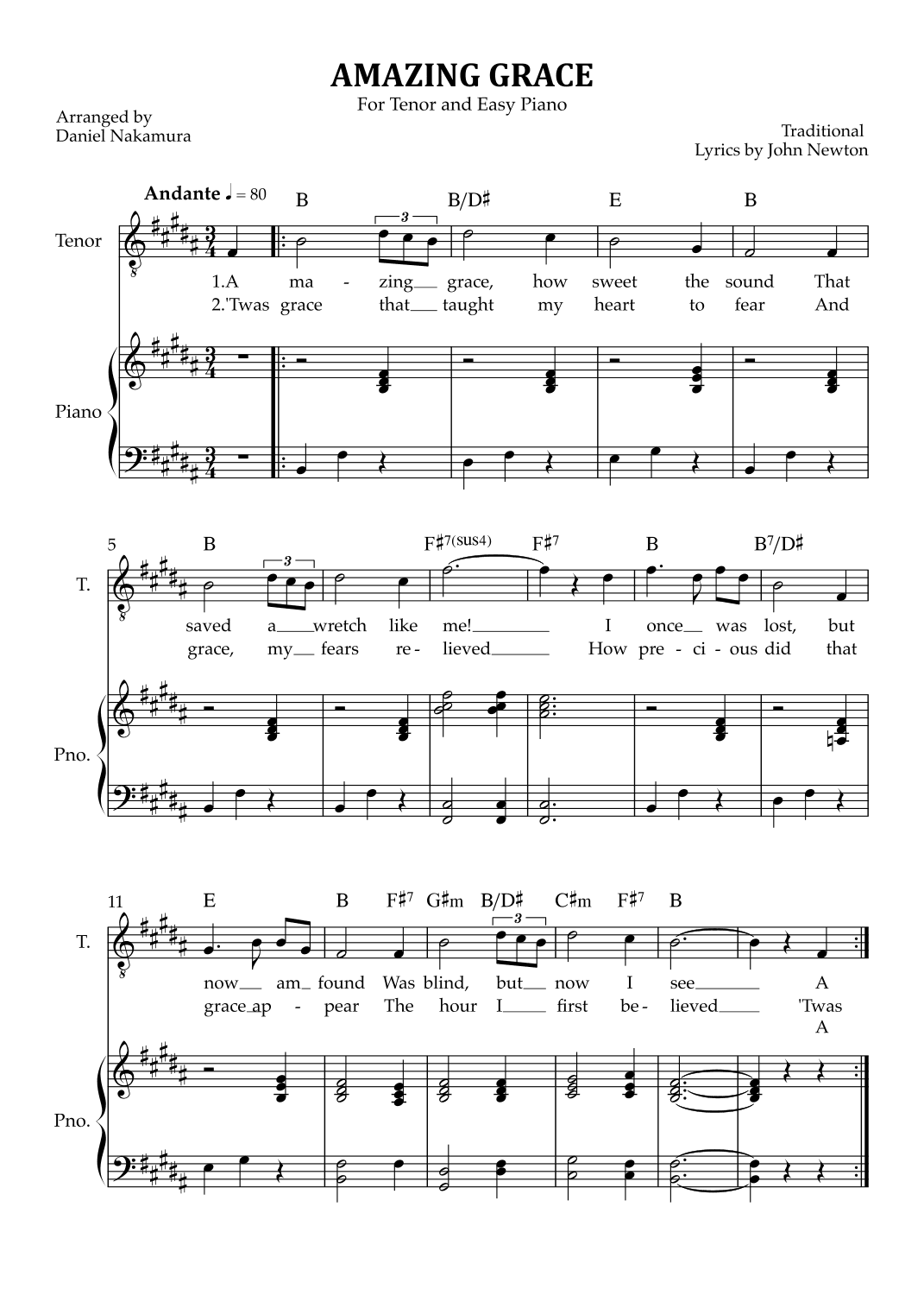 Amazing Grace (for tenor vocal with easy piano) (arr. Daniel Nakamura)