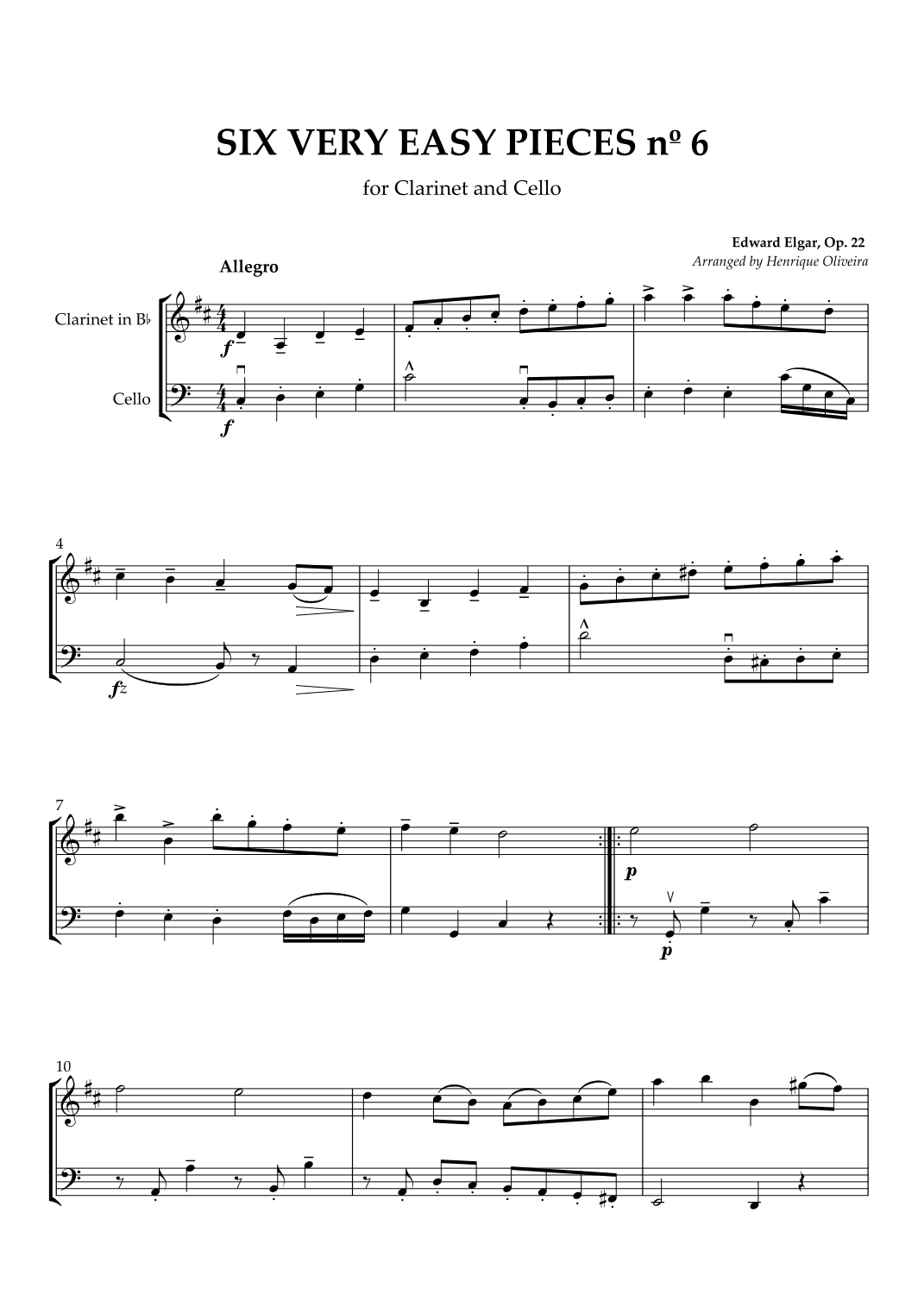 Six Very Easy Pieces nº 6 (Allegro) - Clarinet and Cello (arr. Henrique Oliveira)