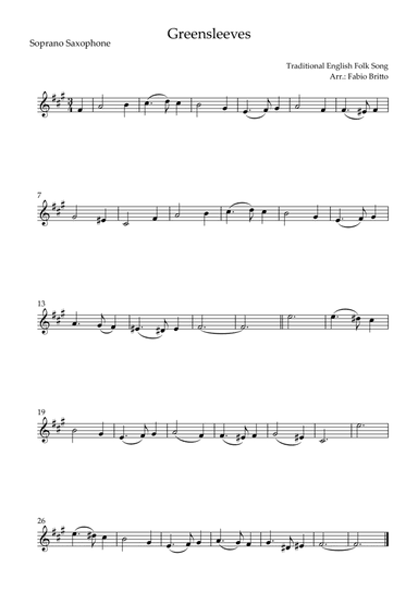 Greensleeves for Soprano Saxophone Solo (E Minor) (arr. Fabio Britto)