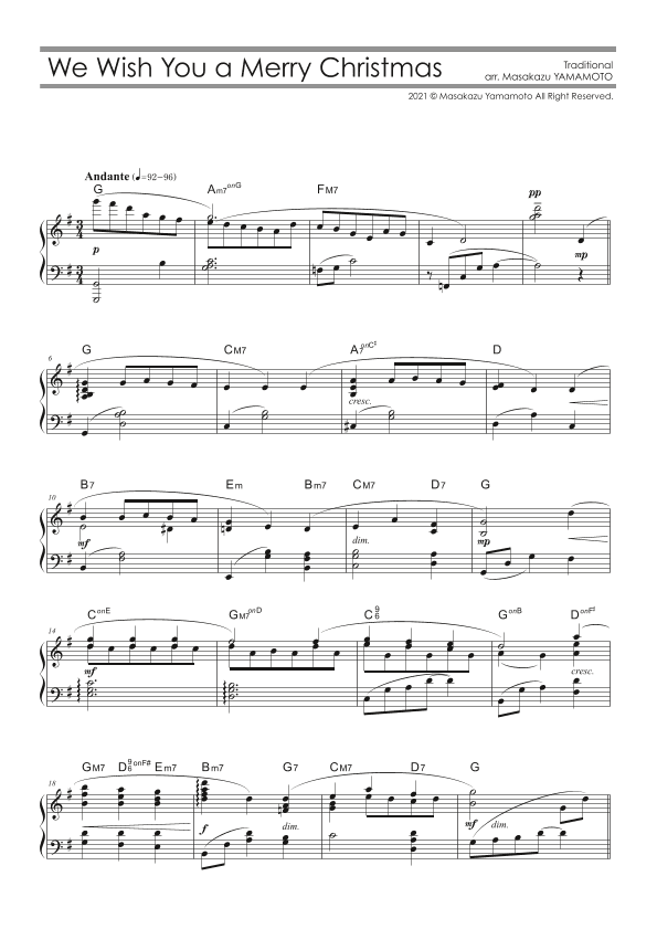 We Wish You a Merry Christmas [Piano solo / intermediate / Christmas Music Arr.] (arr. Masakazu YAMAMOTO)