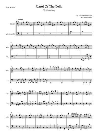 Carol Of The Bells (Christmas Song) for Violin & Cello Duo (D Minor) (arr. Fabio Britto)