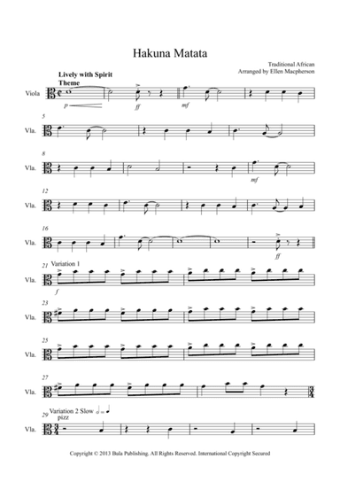 Hakuna Matata Theme & Variation - Easy String Quartet - Viola (arr. Ellen Macpherson)