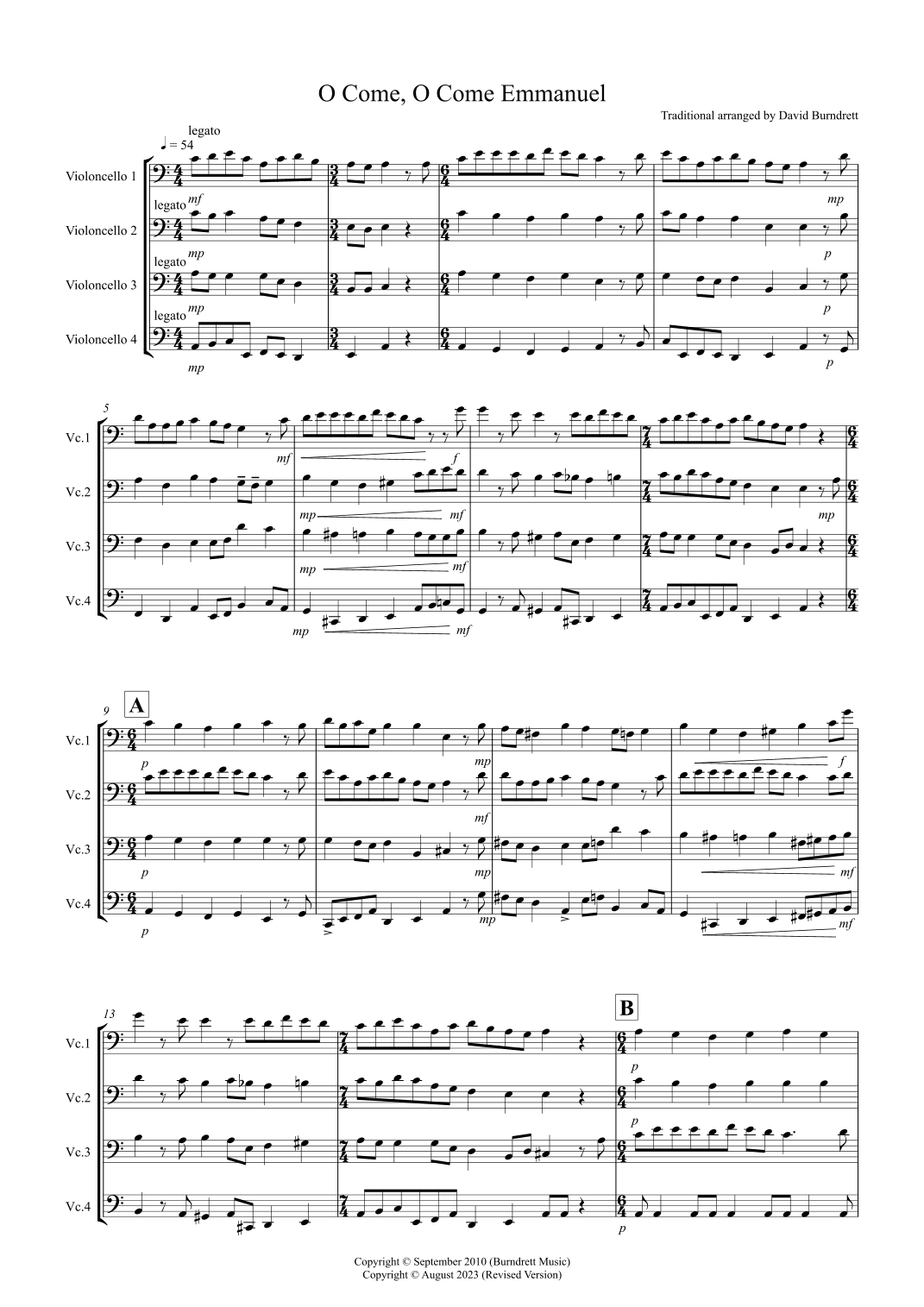 O Come, O Come Emmanuel for Cello Quartet (arr. David Burndrett)