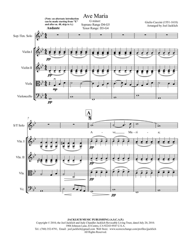 Ave Maria (Caccini) G minor for high voice and string quartet (arr. Joel Jacklich (ASCAP))