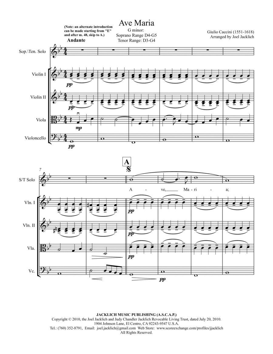 Ave Maria (Caccini) G minor for high voice and string quartet (arr. Joel Jacklich (ASCAP))