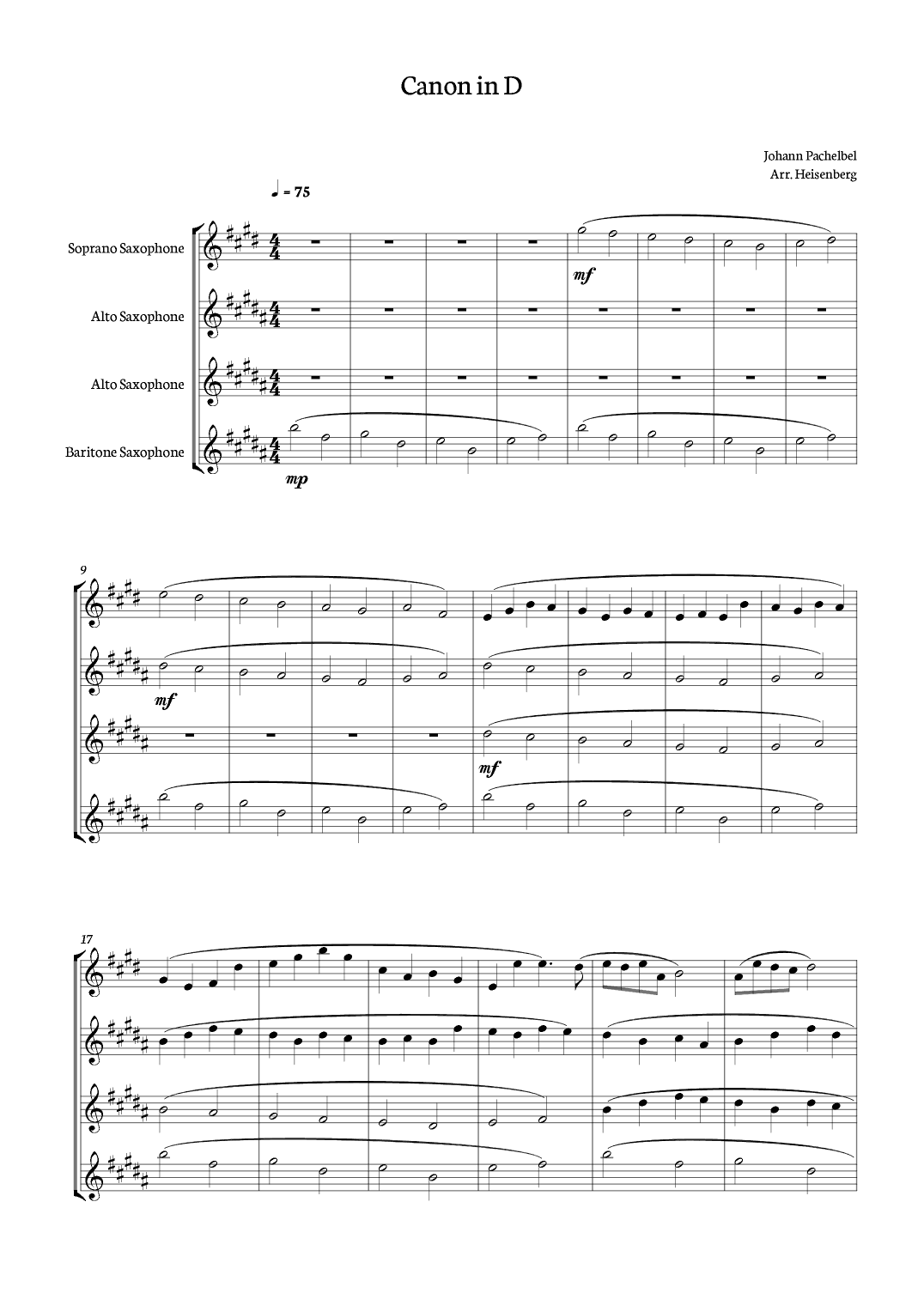 Canon in D - Pachelbel for Sax Quartet. (arr. Heisenberg)