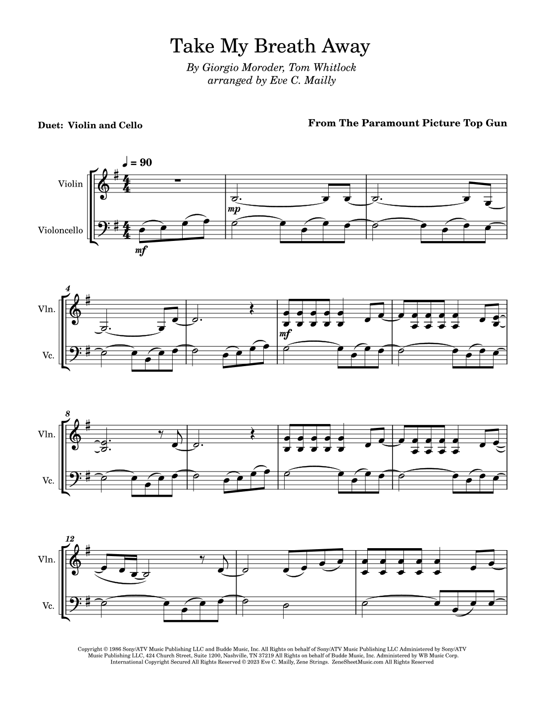 Take My Breath Away (love Theme) (arr. Eve C. Mailly - Zene Strings)