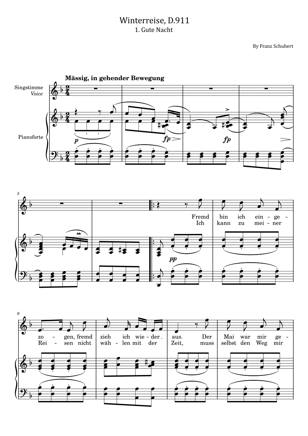 Schubert - Winterreise, D.911 - 1. Gute Nacht - For Piano and Voice With Lyrics Original (arr. poon)
