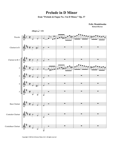 Mendelssohn - Prelude in D Minor, Op. 37 (Clarinet Nonet + Piccolo) (arr. Richard Byrnes)