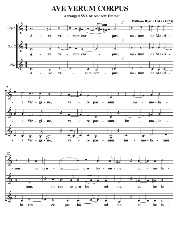 Ave Verum Corpus (Byrd) A Cappella SSA (arr. Andrew Emmet)