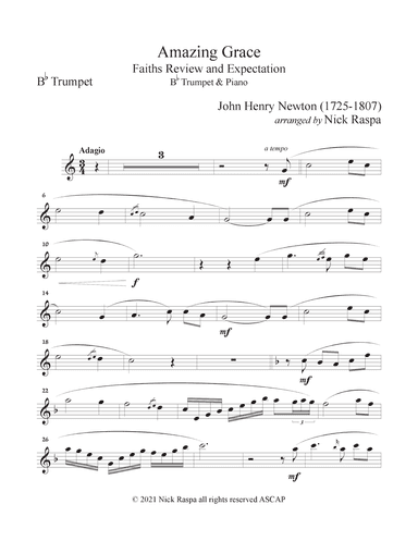 Amazing Grace (Bb Trumpet & Piano) - Trumpet part (arr. Nick Raspa)