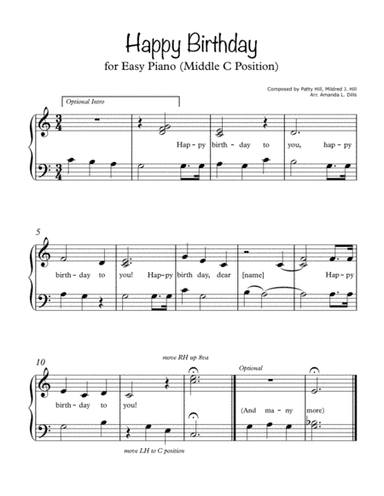 Happy Birthday (Easy Piano--Middle C Position) (arr. Amanda L. Dills)