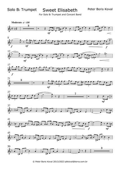 Sweet Elisabeth, arranged for Solo B flat Trumpet and Concert Band A4 Size