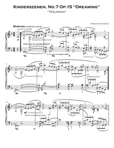 Traumerei by Schumann (Dreaming) Piano Sheet Music with note names, finger numbers & details (arr. Published Harmony)