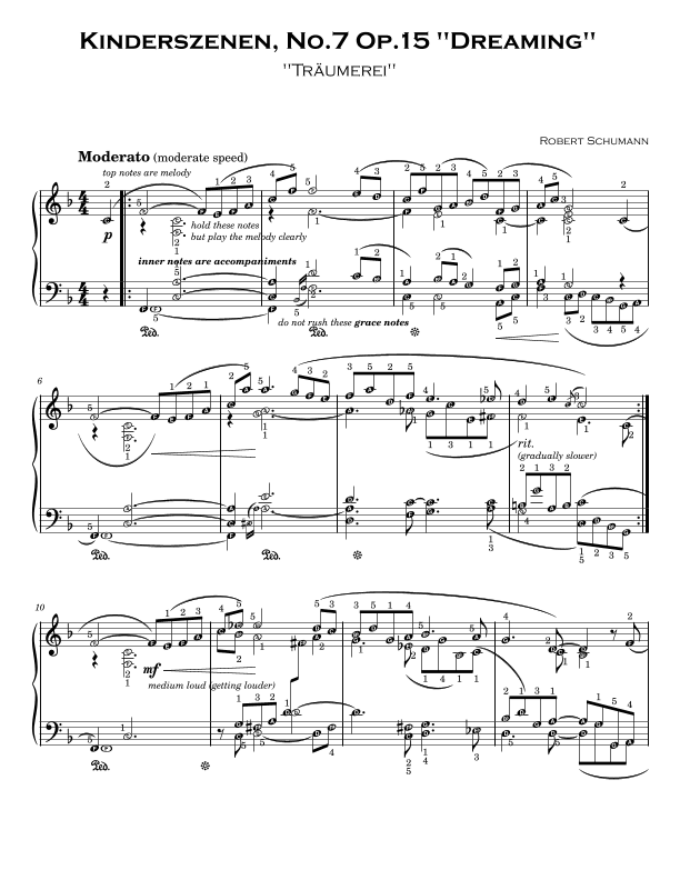 Traumerei by Schumann (Dreaming) Piano Sheet Music with note names, finger numbers & details (arr. Published Harmony)