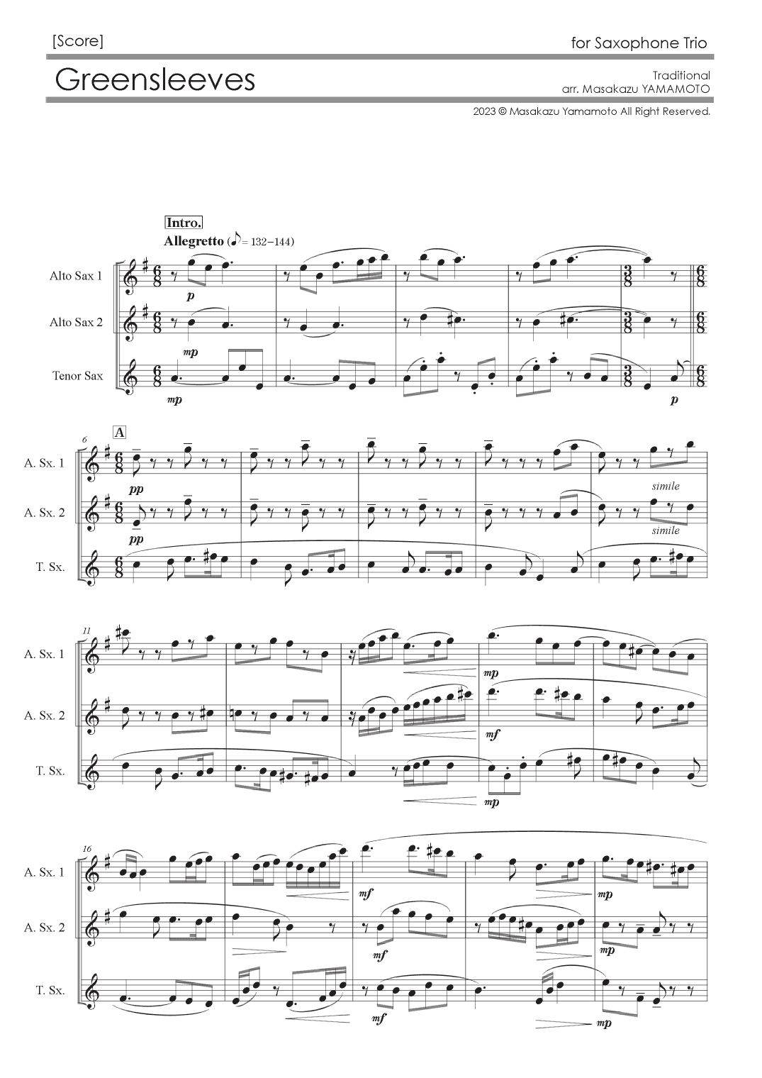Greensleeves [Saxophone Trio] (arr. Masakazu YAMAMOTO)