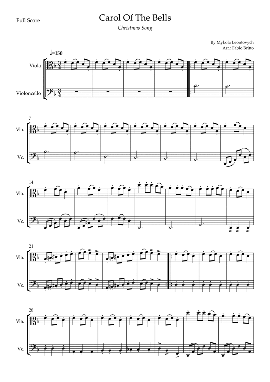 Carol Of The Bells (Christmas Song) for Viola & Cello Duo (D Minor) (arr. Fabio Britto)