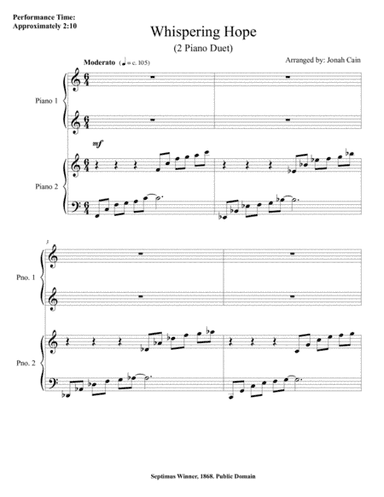 Whispering Hope (2 Piano Duet) (arr. Jonah Pierce Cain)