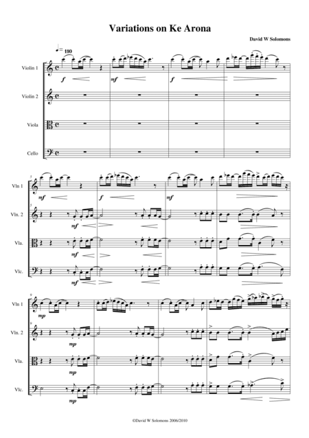 Variations on Ke Arona for string quartet (arr. David Warin Solomons)