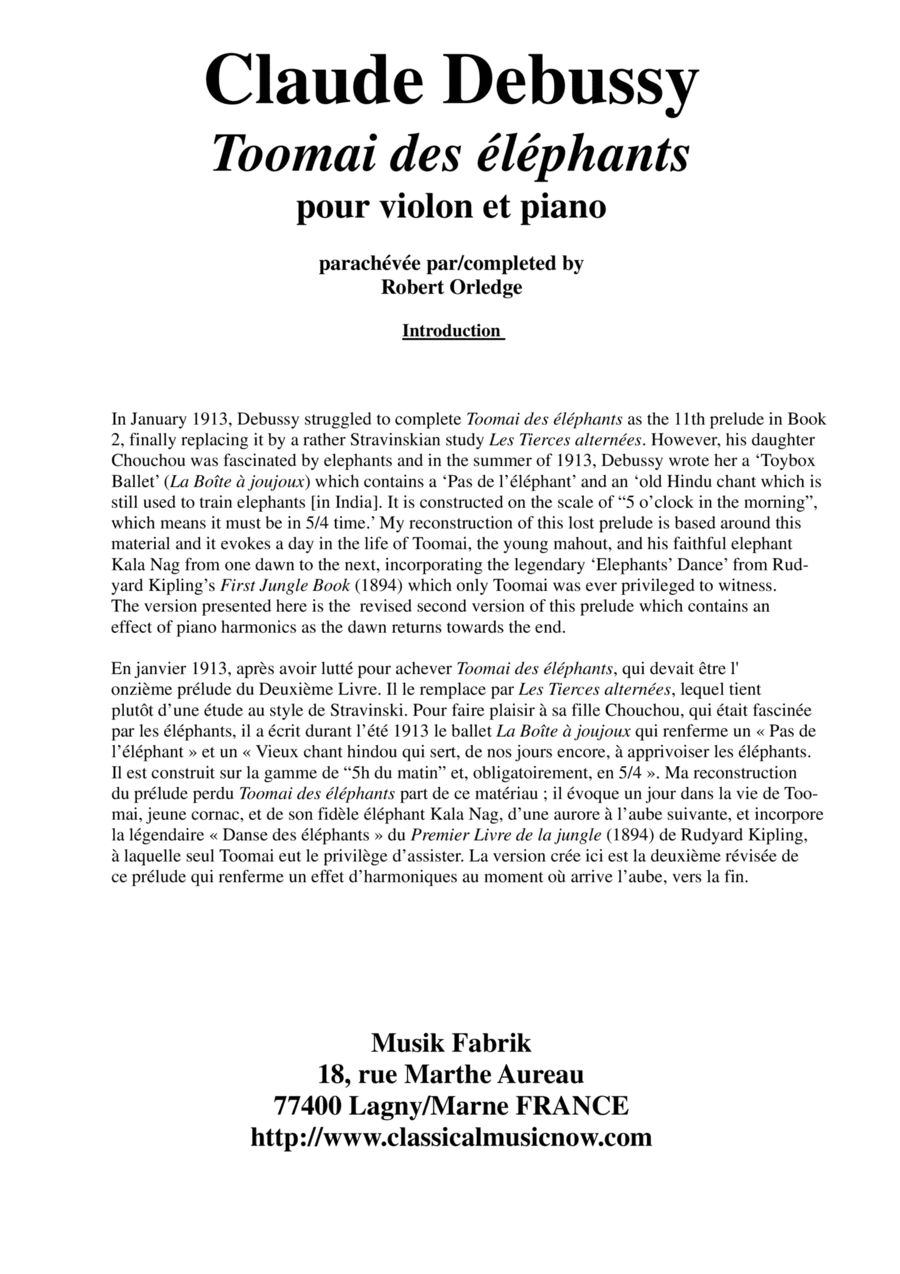 Debussy/Orledge: Toomai des éléphants for violin and piano, score and part