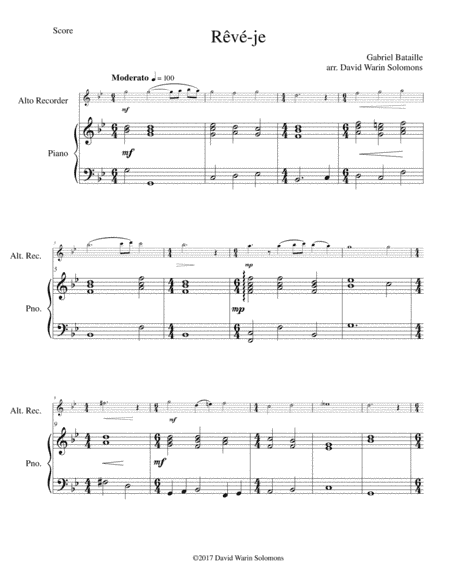 Rêvé-je (Am I dreaming) for alto recorder and piano (arr. David Warin Solomons)