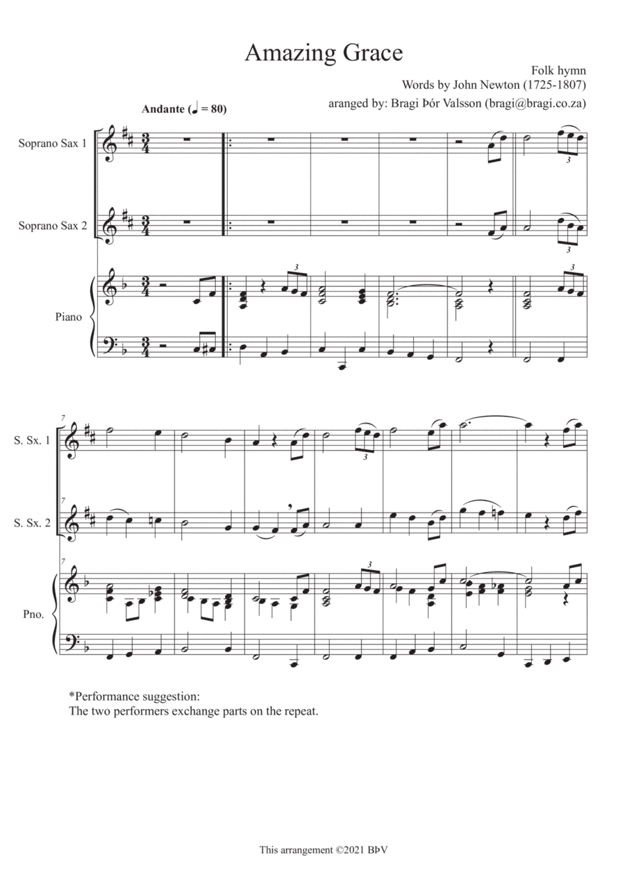 Amazing Grace - Duet for two soprano saxophones with piano accompaniment (arr. Bragi Thor Valsson)