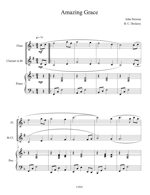 Amazing Grace (Flute and Clarinet Duet with Piano Accompaniment) (arr. B. C. Dockery)
