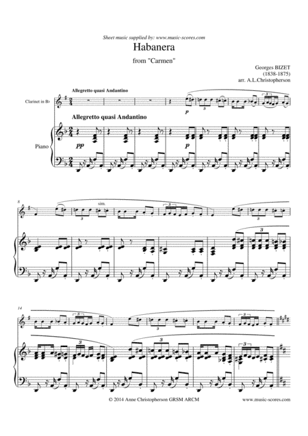 Habanera from Carmen - Clarinet and Piano. (arr. Anne L Christopherson GRSM ARCM)