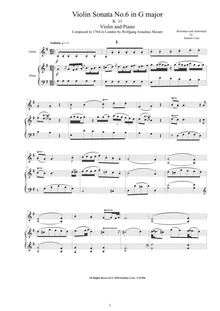 Mozart - Violin Sonata No.6 in G major K 11 for Violin and Piano - Score and Part (arr. Santino Cara)