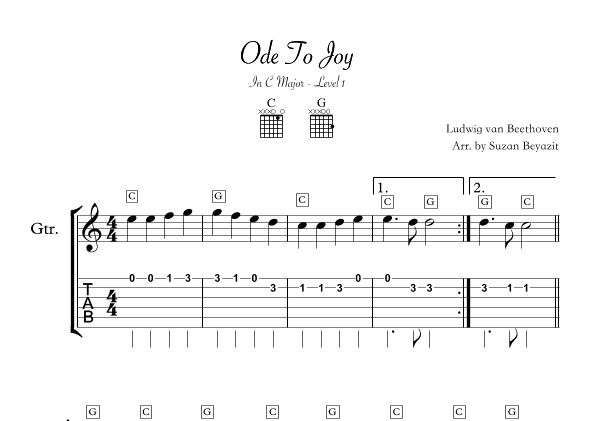 Ode To Joy - Easy  Guitar - Level 1 (arr. Suzan Beyazit)