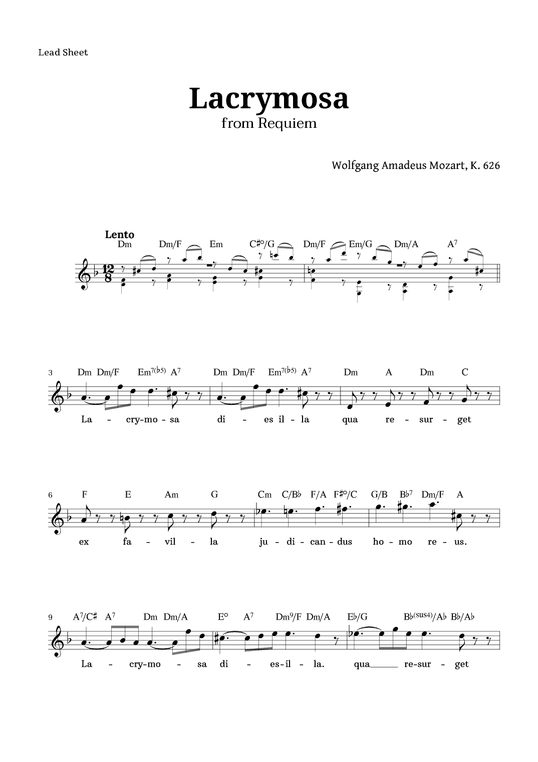 Lacrymosa from Requiem by Mozart for Lead Sheet (arr. Langanho)