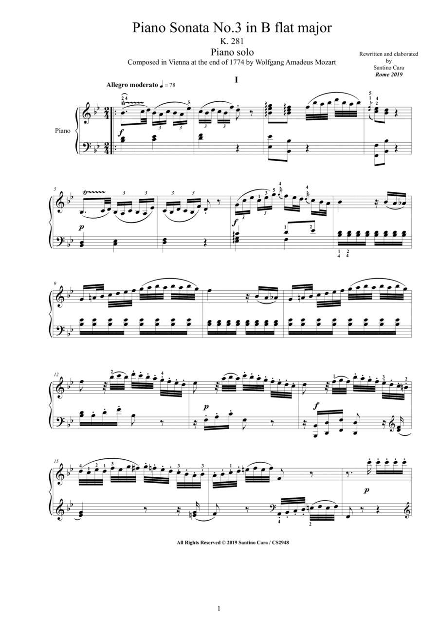 Mozart - Piano Sonata No.3 in B flat major K 281 - Complete score (arr. Santino Cara)