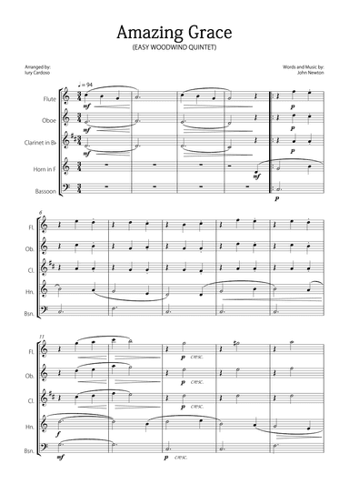 "Amazing Grace" - Beautiful EASY version for WOODWIND QUINTET. (arr. Iury Cardoso)