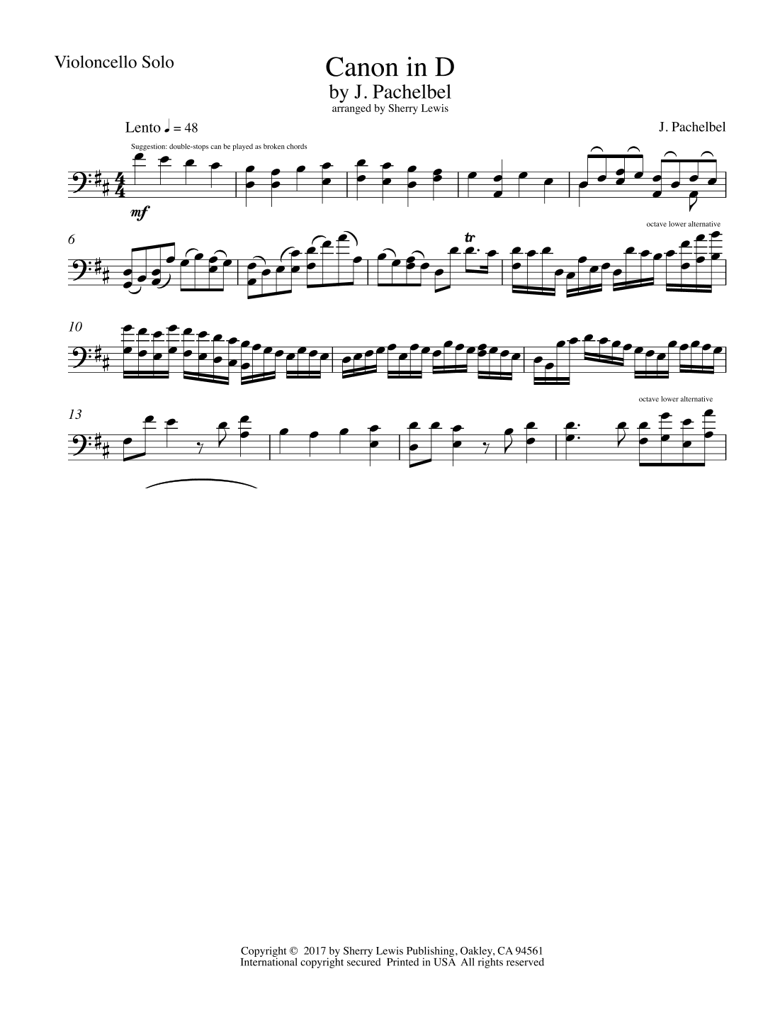 Canon in D for Cello Solo (arr. Sherry Lewis)